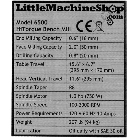 Label, Front Panel, HiTorque Bench Mill